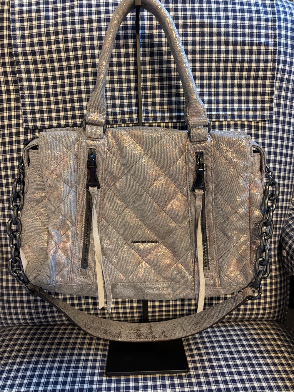 Aimee Kestenberg Quilted Shimmer Silver-Gray Tote with Chain Strap